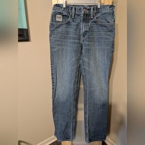 Women's Cinch Straight Leg Blue Jeans Distressed Worn In Hip Cool